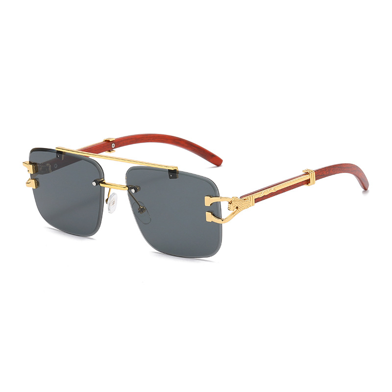 New cross-border personalized glasses, wood-grain leg frameless edge-cut sunglasses, double-beam fashionable and trendy sunglasses for women 90180 Item Picture