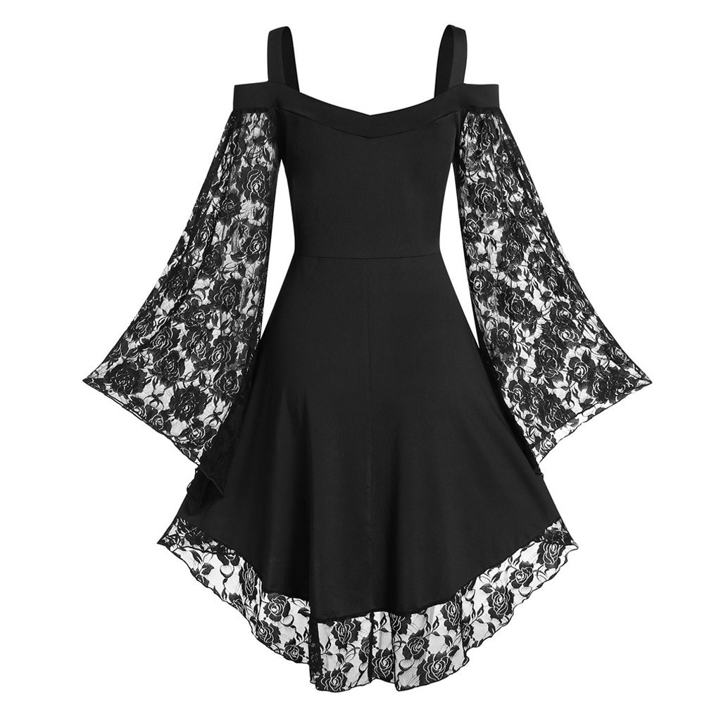 European and American one-shoulder flared sleeve lace patchwork artistic retro dress women's casual dress one-piece delivery Application Scenario