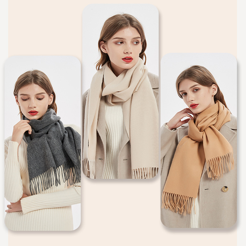 Wool Scarf Wholesale Solid Color Scarf Women's All-In-One Autumn/Winter Bib Thickened Warm Shawl Simple Fringe Red Scarf details Picture