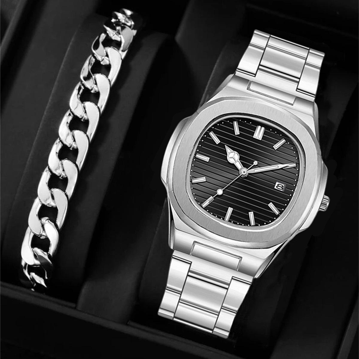 Wholesale of cross-border fashion classic square calendar watches, trendy sports steel band wristwatches, business cross-border bestsellers full figure