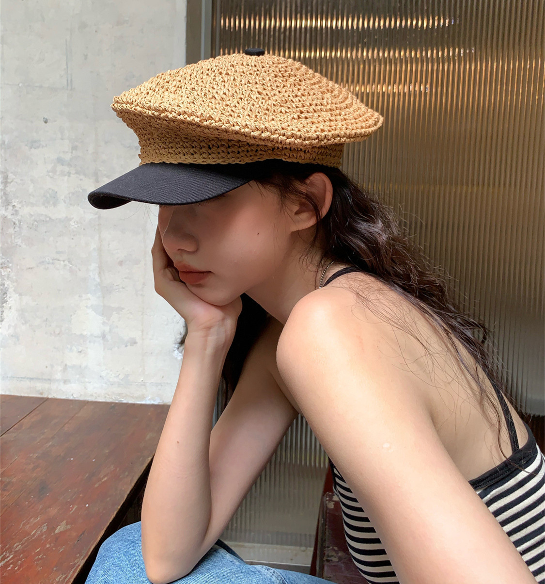 【 French Romance 】 Handmade straw crochet octagonal hat children summer outing holiday spliced personality Navy hat
