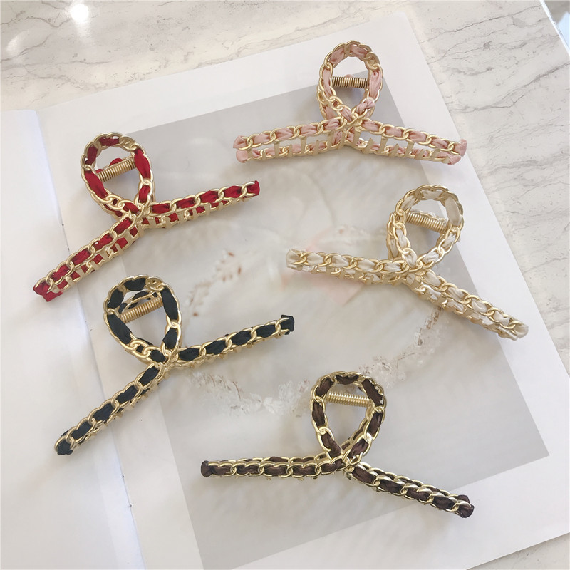 Temperament Metal Chain Grab Clip Wrapped Ribbon Hair Grab Korean Instagram Wind Shark Clip Hair Clip Clip Female