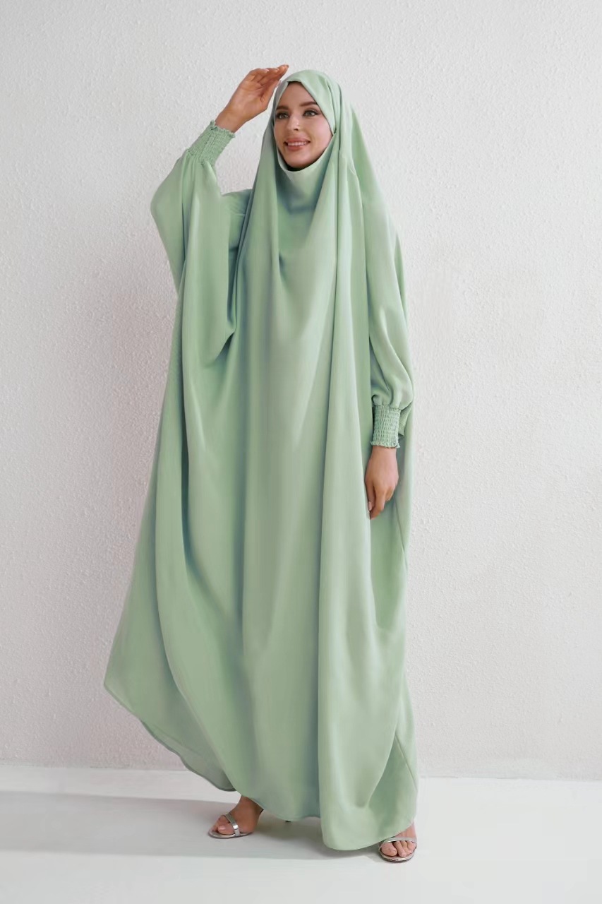 ZD029跨境亚马逊爆款中东穆斯林女装纯色带头巾长袍阿拉伯大袍图
