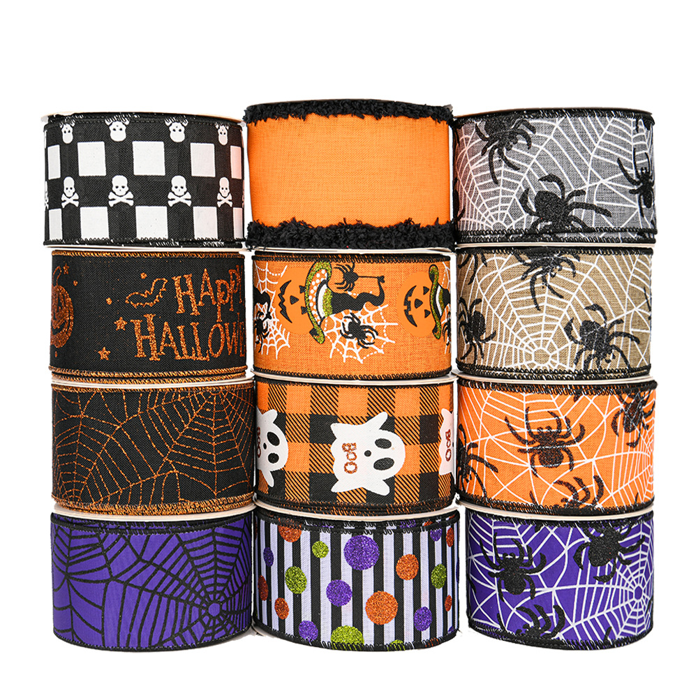Huaheng factory direct sales pumpkin orange Halloween ribbon ghost festival spider web accessories cuffed iron wire edge ribbon thumbnail