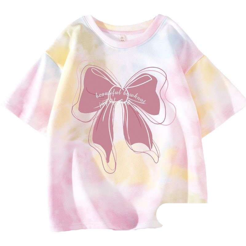 Pure cotton girls' short-sleeved T-shirt, children's summer wear, stylish tie-dyed top for big kids, best-selling girls' clothes, half-sleeved T-shirt Item Picture