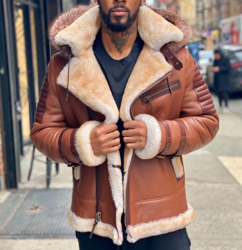 Aliexpress Independent Store wish Cross-border Brown large fur collar hooded, fleece and thickened men's leather jacket 6572 Specification image