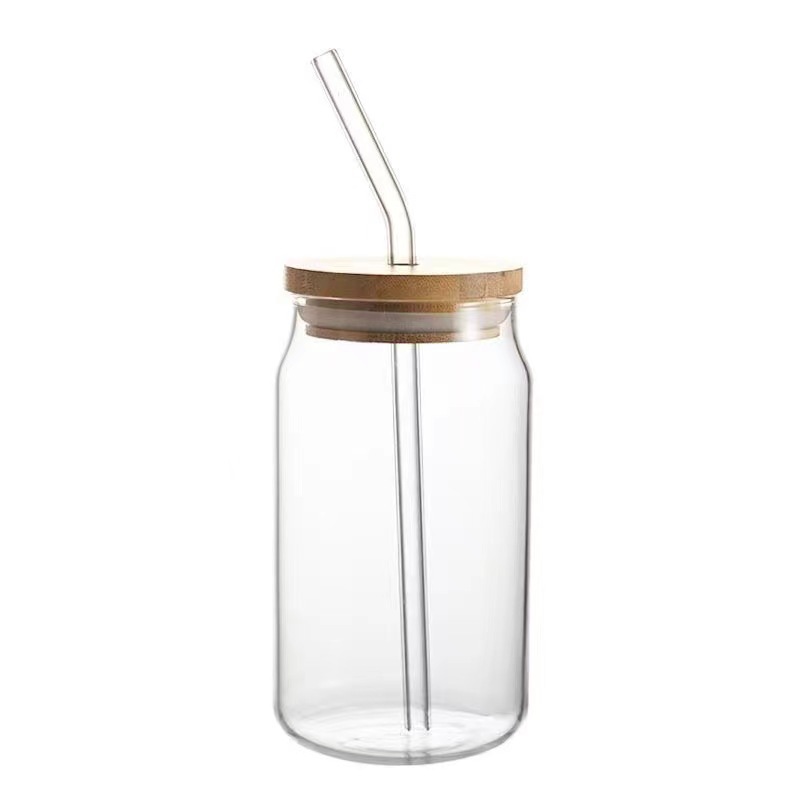 Amazon Cola Cup Cold Drink High Borosilicate Glass Can Cup With Bamboo And Wood Lid Glass Straw Item Picture