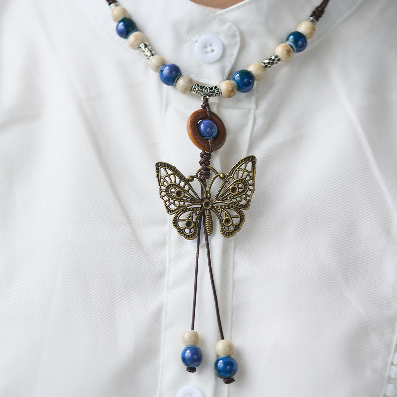 Wholesale of cultural and creative Jingdezhen ceramic necklaces, butterfly artistic ornaments, new Chinese-style artistic hand-woven necklaces Specification image