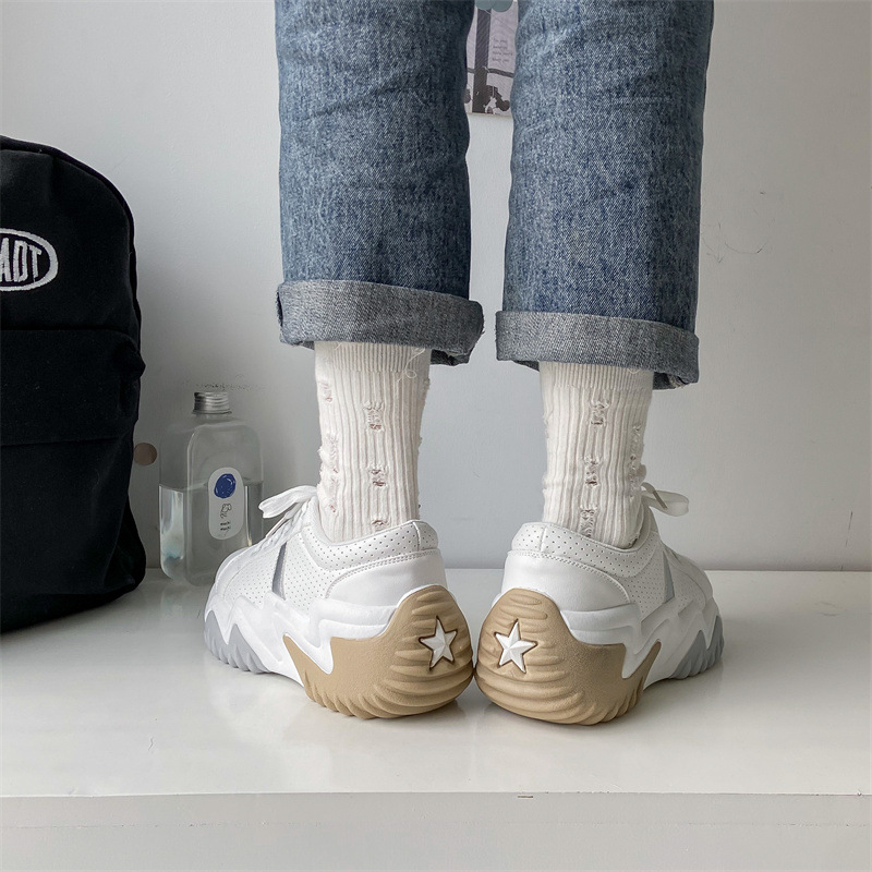 2022 Autumn new women's sports shoes: Korean-style versatile white sneakers with zigzag soles, fashionable lace-up casual single shoes Specification image