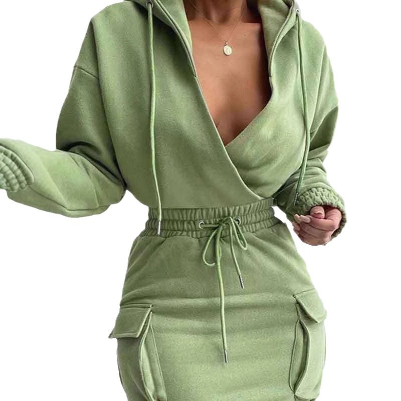 Pocket sweatshirt skirt waist tie long-sleeved casual dress Item Picture