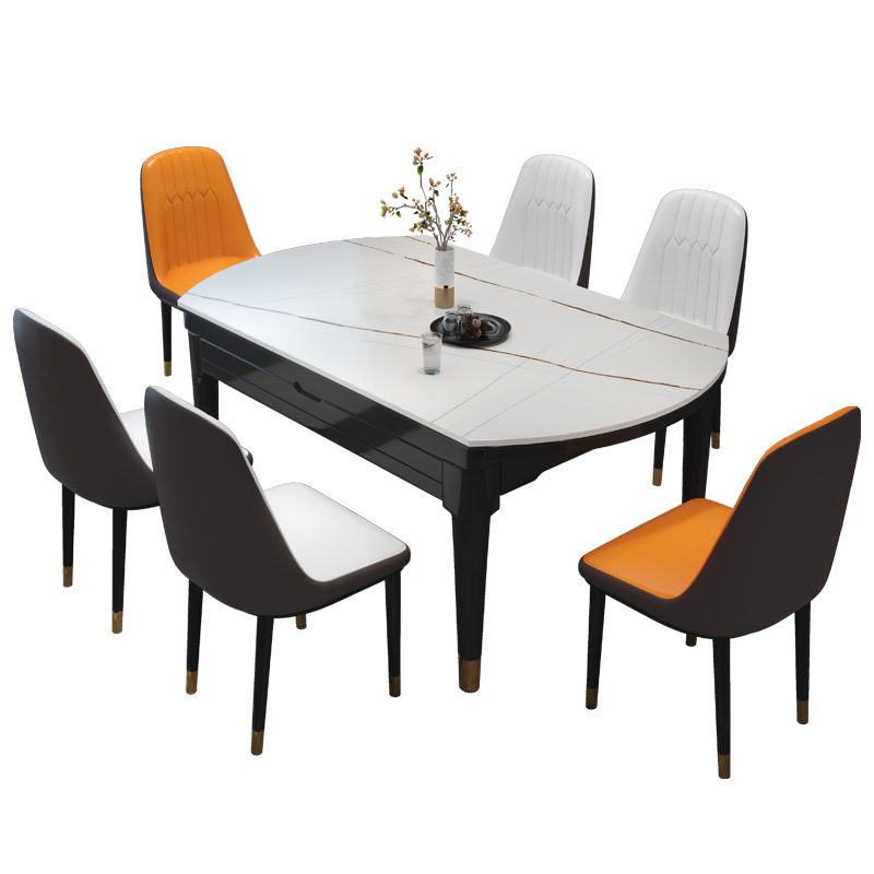 意式极简轻奢岩板实木餐桌椅组合家用伸缩折叠小户型方圆两用饭桌详情图5