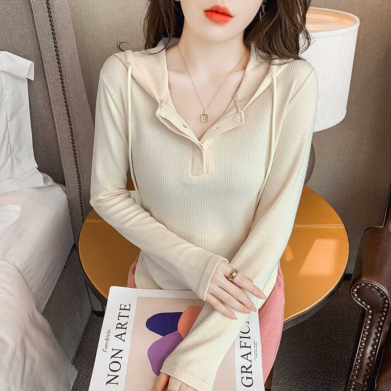 A drawstring hooded long-sleeved T-shirt for women's 2023 autumn new style, a fashionable base layer and a thin, stylish top Specification image