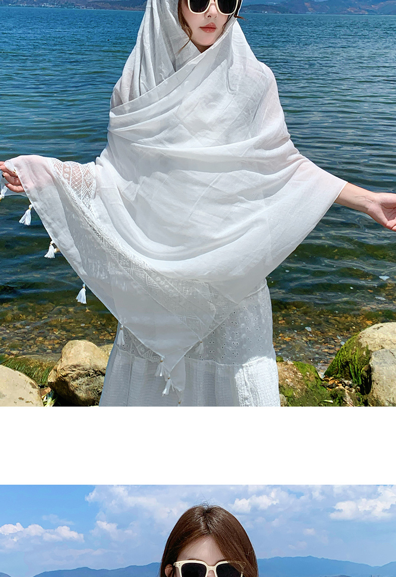 披肩女外搭2025新款白色碎花流苏丝巾搭配吊带旅游拍照必备围巾薄详情6