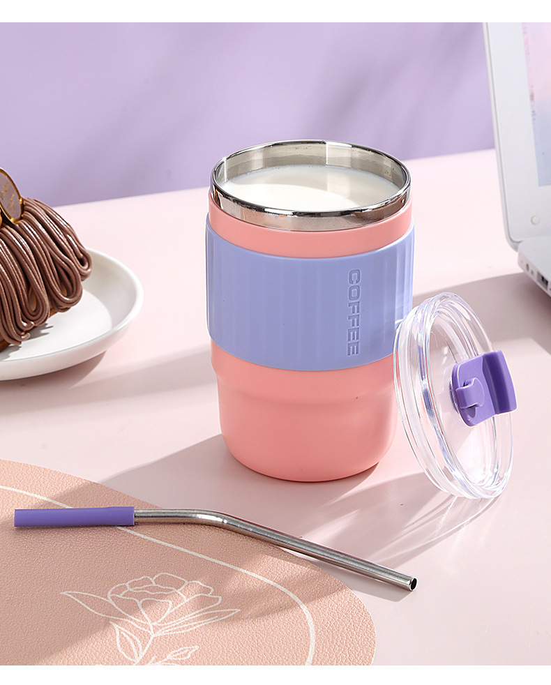 New simple silicone anti-scald stainless steel insulated cup with built-in straw drinking cup, ins style insulated lock cold water cup pic 13