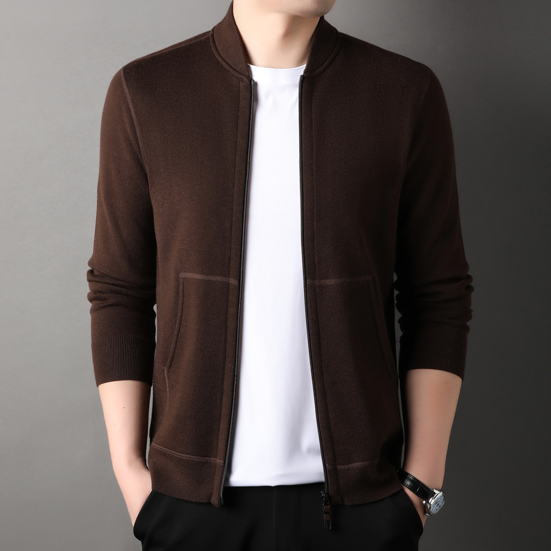 Baseball collar men's knitted cardigan, new autumn and winter fashion and casual for middle-aged and young people, zipper sweater, solid color jacket details Picture