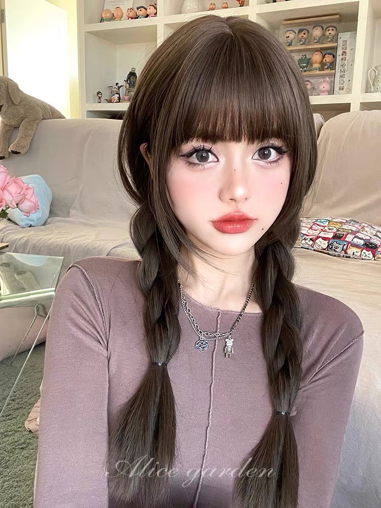 厂家批发  假发女长发网红日系圆脸仿真长直发自然齐刘海全头套女