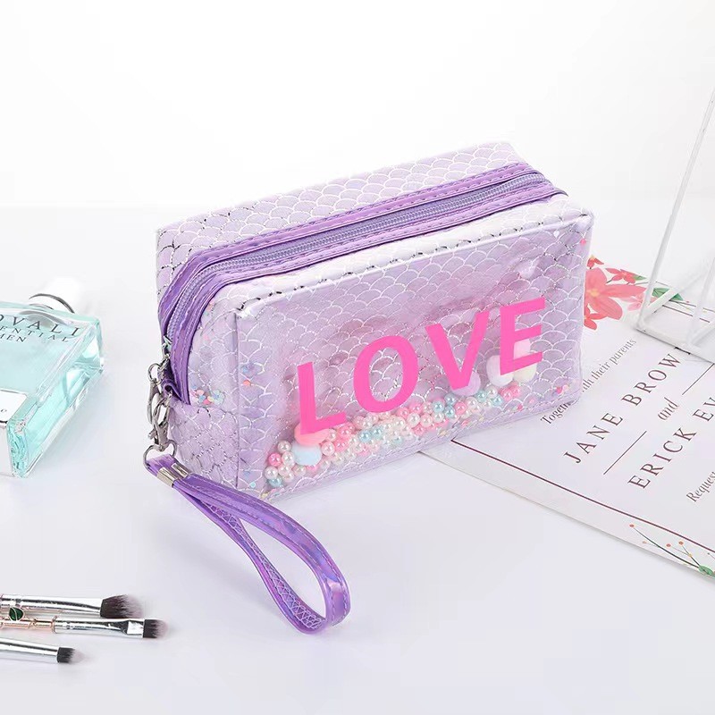 Japanese and Korean style iridescent fish-scale pattern cosmetic bag, popular creative design sense toiletry bag, portable LOVE storage bag batch Specification image