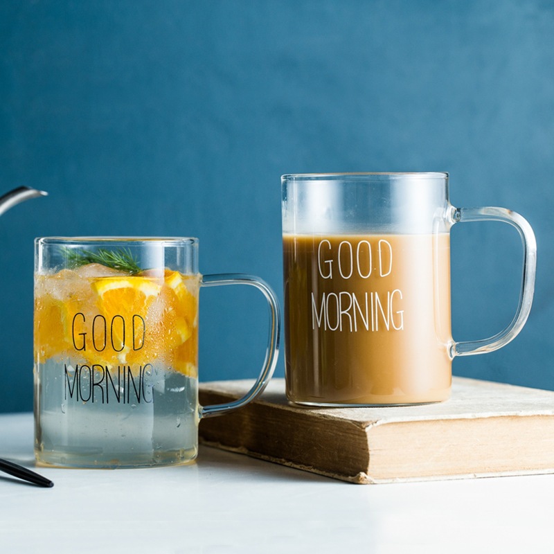 黑白字母good morning早餐杯高硼硅单层玻璃杯带把牛奶果汁水杯图