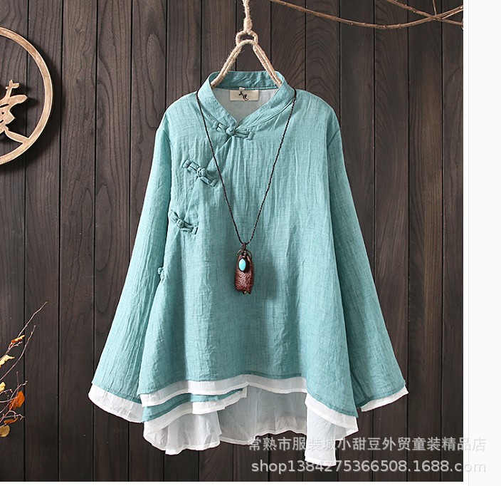 Retro cotton and linen long-sleeved Chinese-style slanted lapel, button-up, irregular hem, loose stand-up collar, tea-style women's shirt Item Picture