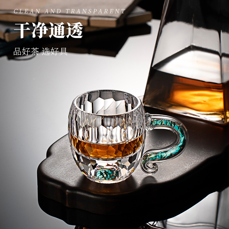 高档绿松石茶杯女加厚刻面高颜值办公室茶杯水晶玻璃品茶杯品茗杯