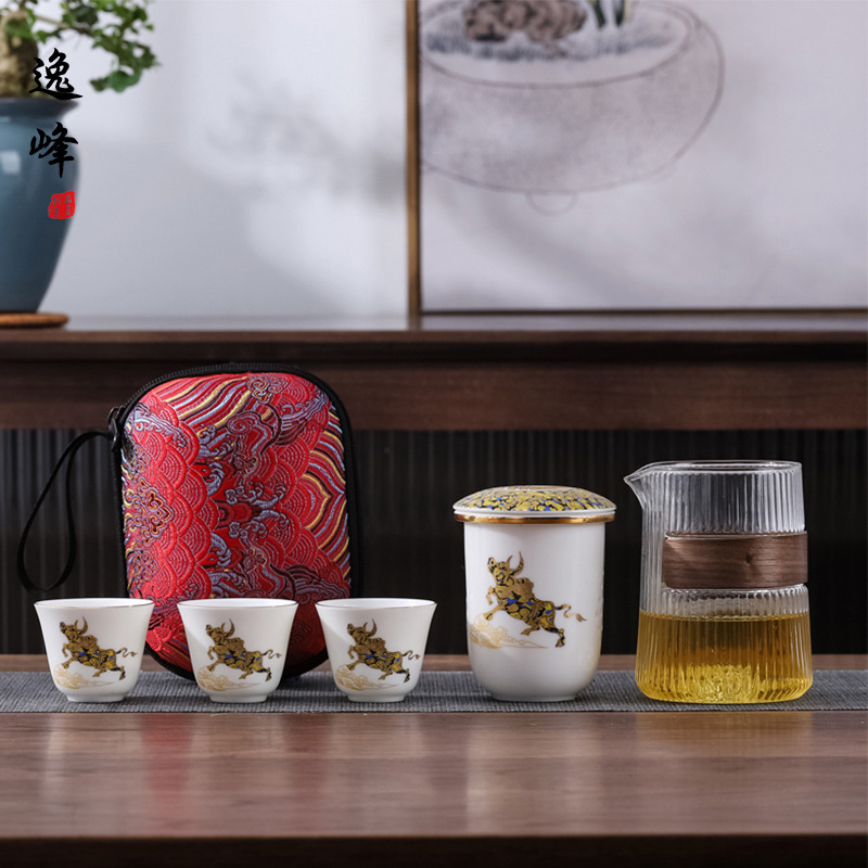 牛转乾坤旅行茶具一壶三杯套装快客杯耐热玻璃功夫茶具套装复古