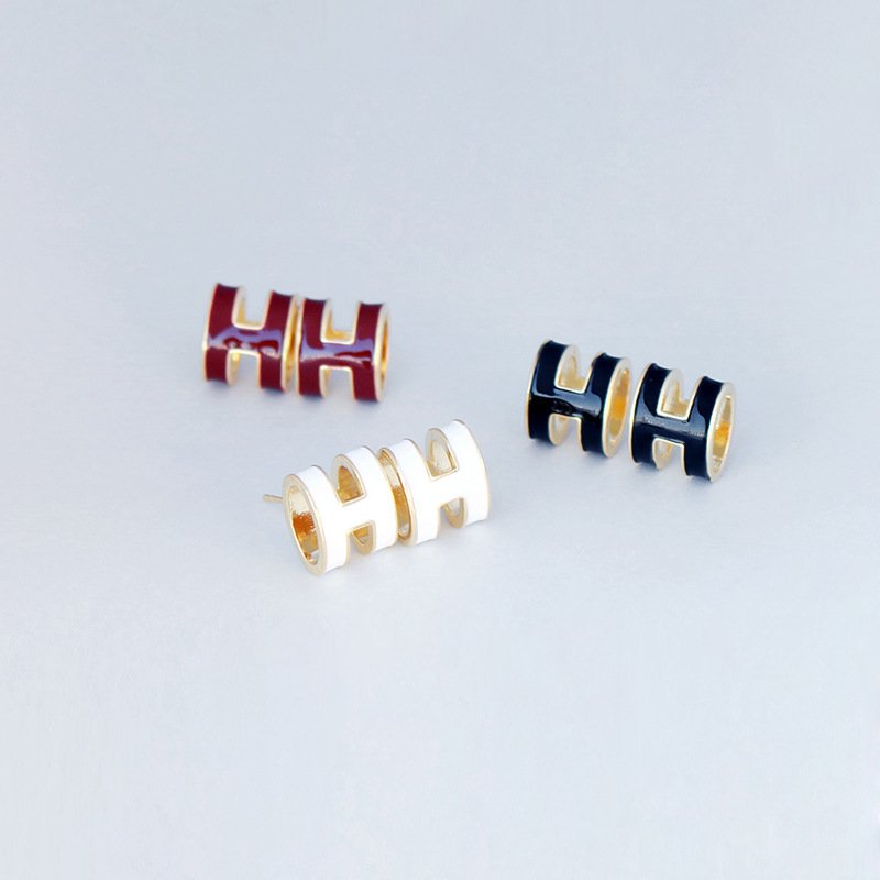 S925 Silver needle Stud Earrings for Women, H-letter glazed earrings, a niche design with a high-end feel, gentle and elegant earrings details Picture