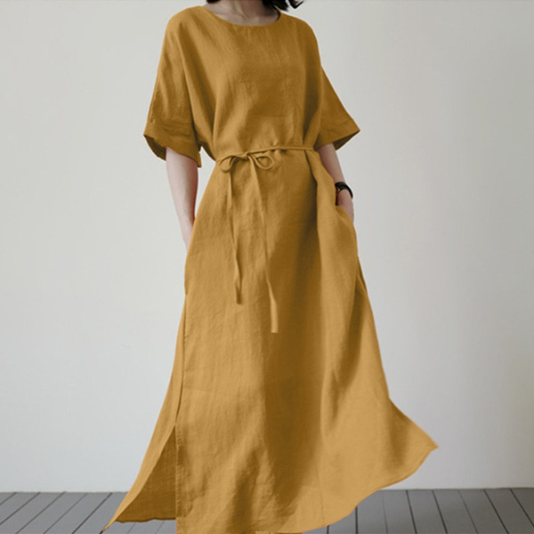 Cross-border women's long dress, fashionable slit hem sun dress, elegant short-sleeved casual belt cotton and linen dress for women details Picture