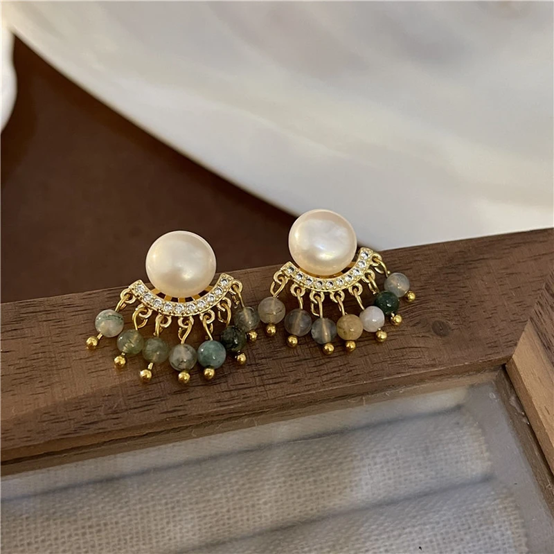 Unique National Style Natural Pearl Tourmaline Tassel Earrings High-Grade Retro Light Luxury Studs Short Drop Gift