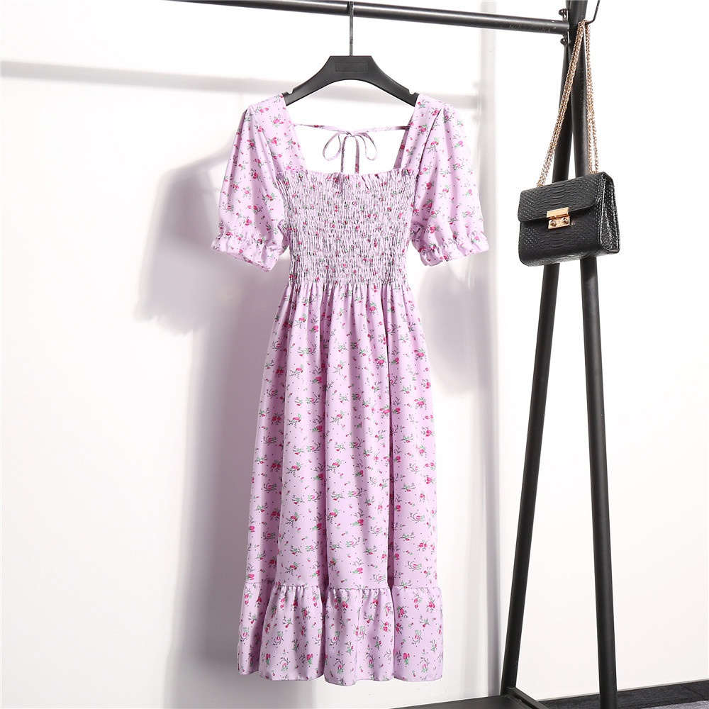 Sweet French square neck pleated waist slimming floral high-waisted dress for summer 2021 women's wear Item Picture