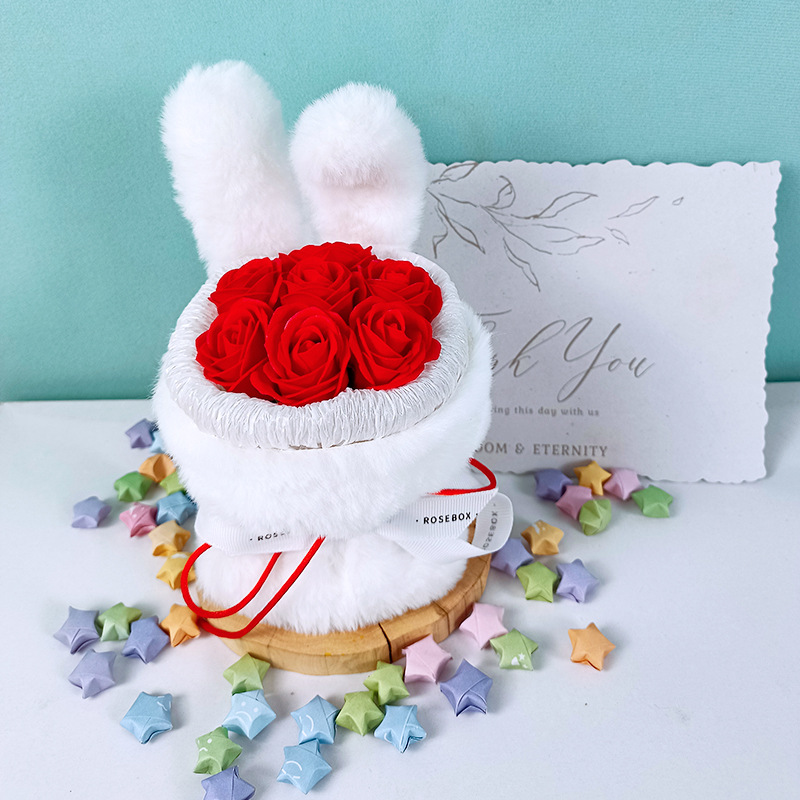 香皂花成品兔耳朵玫瑰兔子花束七夕情人节送女友闺蜜生日礼物礼品国潮