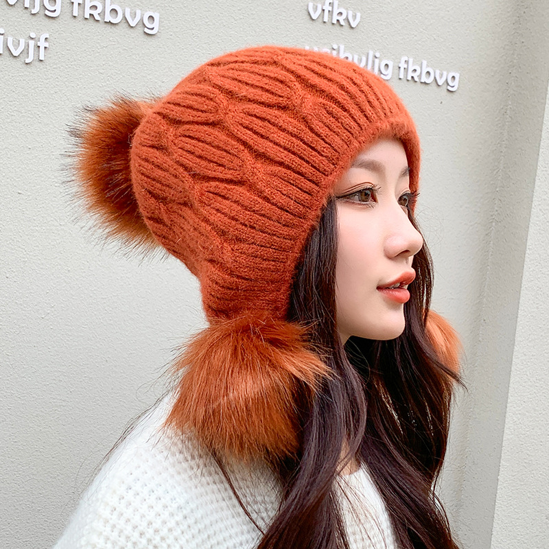 秋冬季新款韩版女士户外加绒保暖针织毛线帽甜美毛球纯色套头帽子详情图2