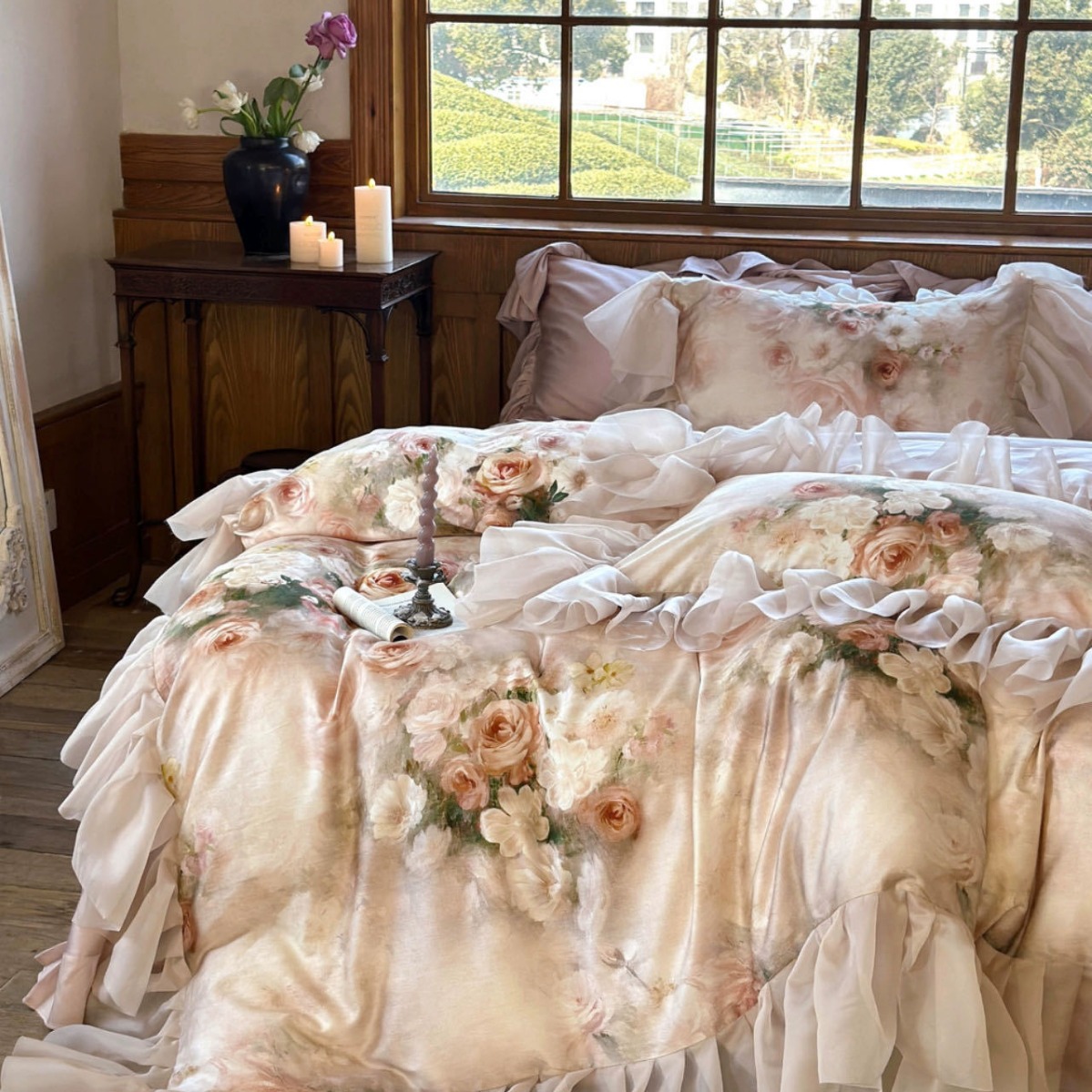 French romantic floral Lyocell cotton four-piece set spring and summer cool retro style printed silky bedding details Picture