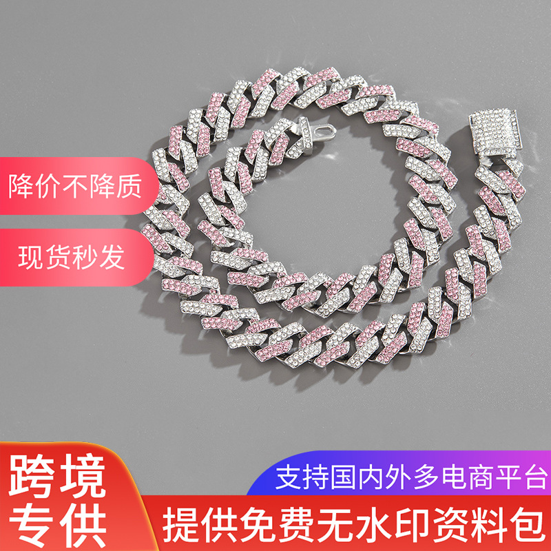 New European and American heavy industry full-diamond Cuban chain necklace, high-end hip-hop necklace men's accessory wholesale, Cuban chain with diamonds details Picture
