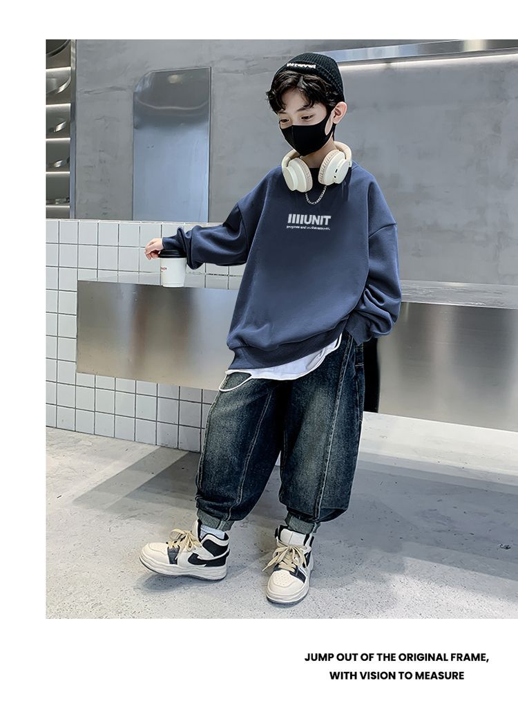 天才鲸 童装男童卫衣秋装前后印花新款加绒宽松上衣男孩中大童潮详情22