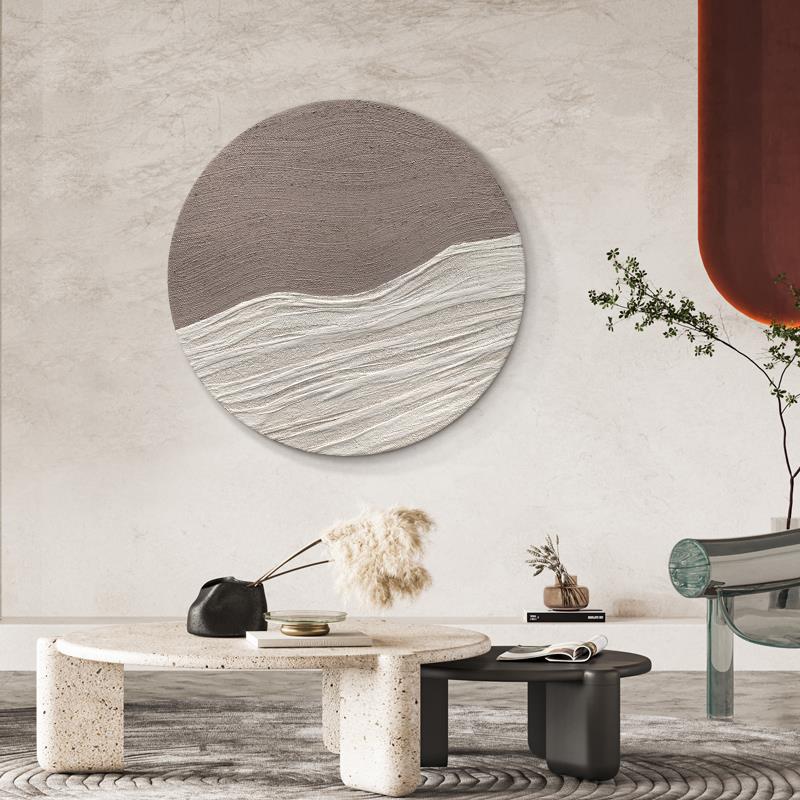 Thick-textured hand-painted "Mountain Mist", living room wabi-sabi style hanging painting, entrance oil painting, circular decorative painting, dining room abstract painting details Picture