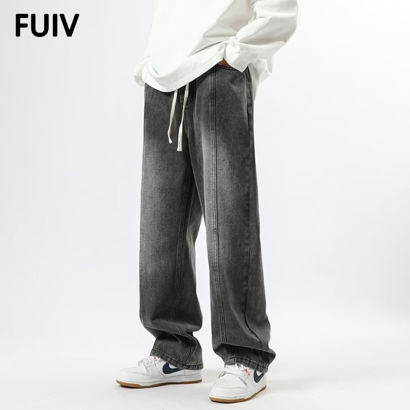 FUIV retro washed drape loose wide-leg American grey gradient stretched-waist men's casual straight-leg trousers