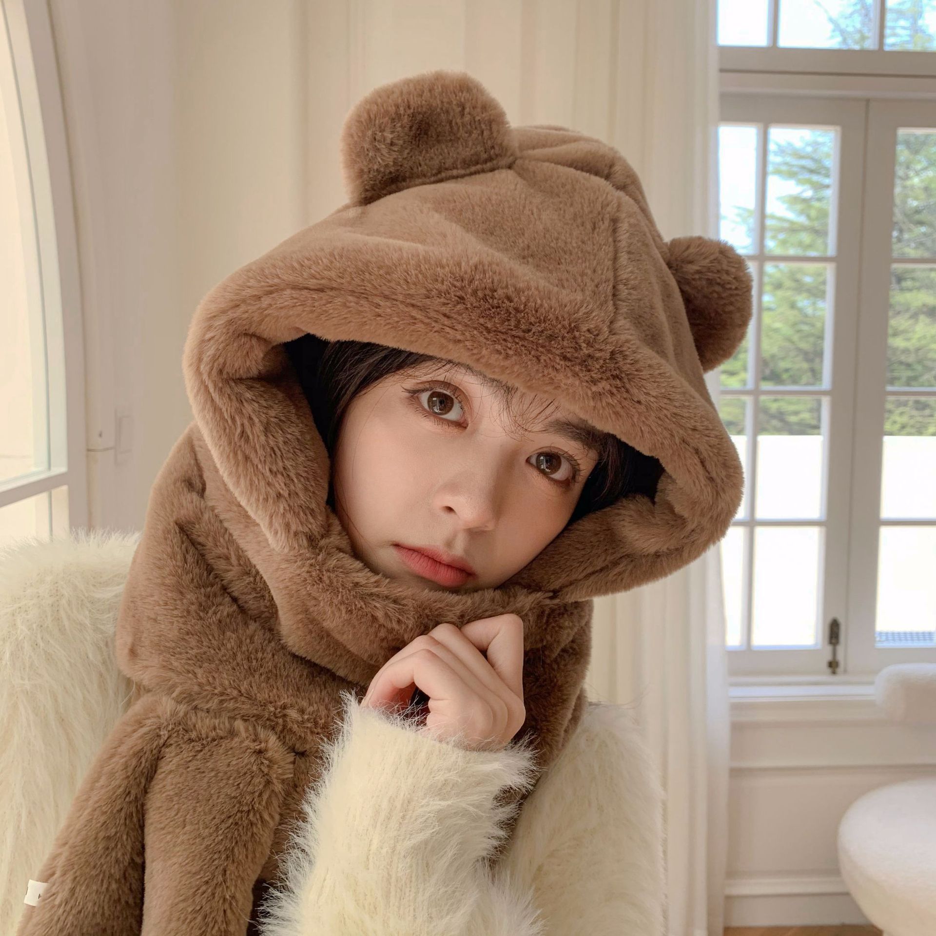 A three-piece set of carefully woven bear ears, scarf, hat and gloves, cross-border autumn and winter warm knitted parent-child scarf for ladies Item Picture
