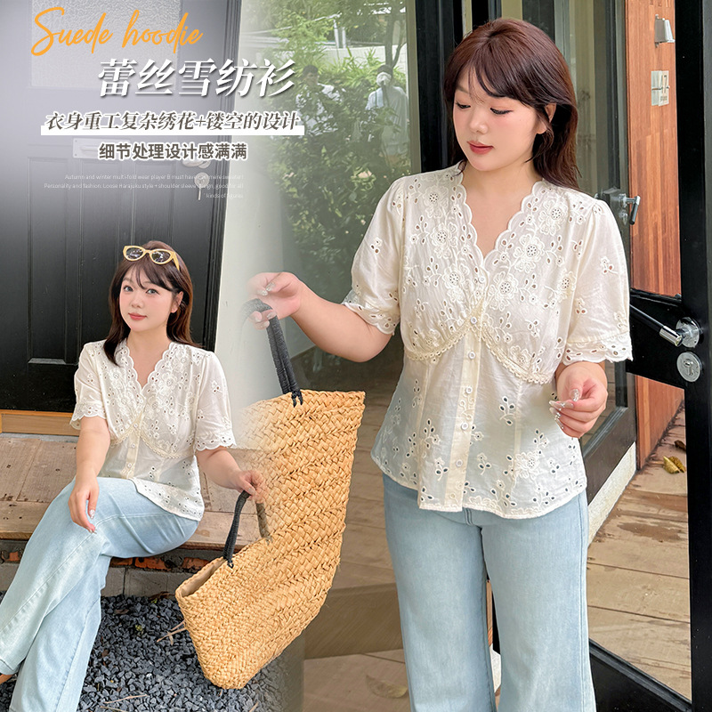 韩系蕾丝刺绣缕空短袖小衫女2025夏季新款胖mm法式收腰上衣222447