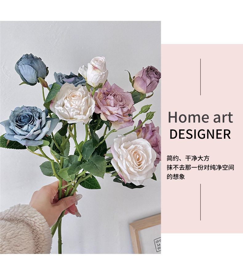 Retro charred edge 3-head rose oil painting style simulated flowers, dried flowers, hand-held bouquets, flower arrangements, artificial flower decorations, photo props pic 8