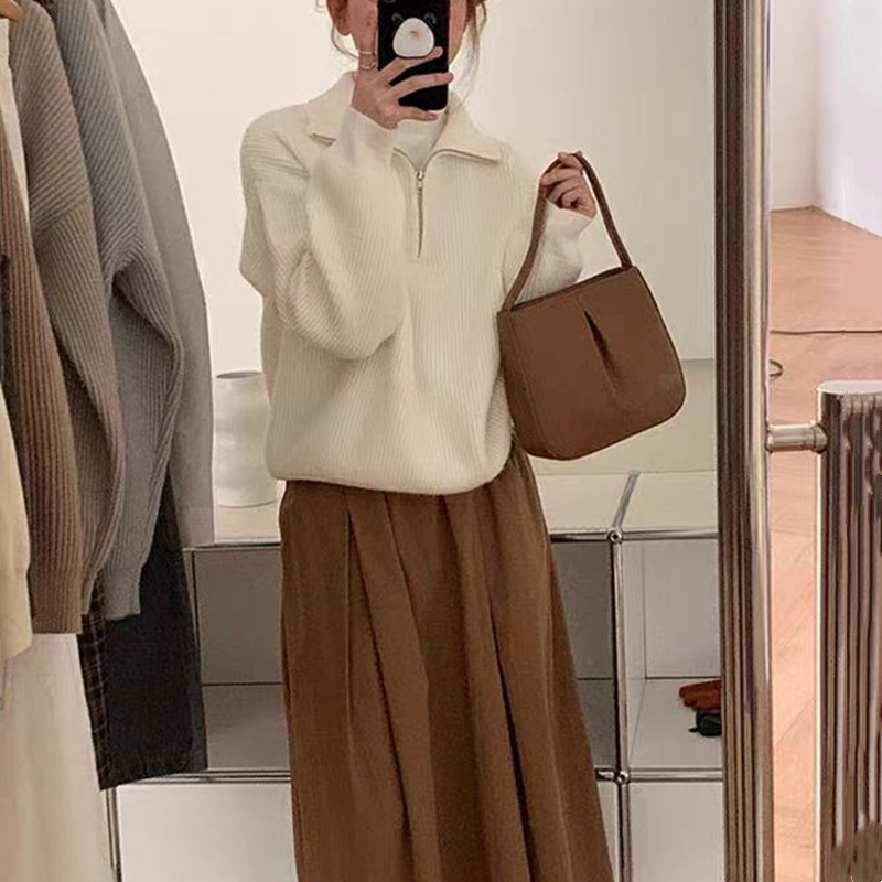 French retro semi-zipped knitted sweater top for autumn and winter, with a loose pullover sweater featuring a lapel design for women pic 3