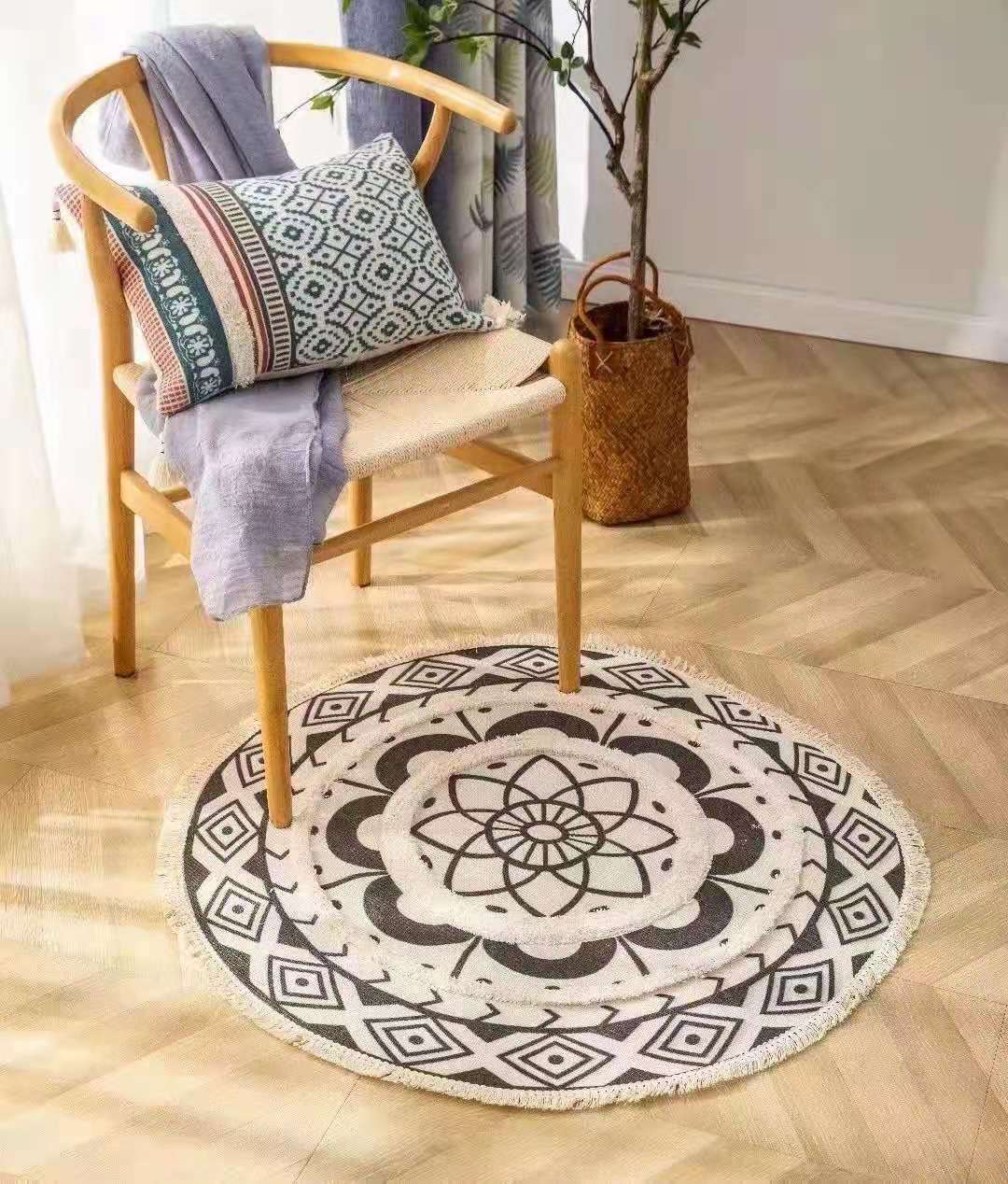 Nordic Cotton And Linen Retro Round Carpet Entry Door Decoration Mat Bedroom Bedside Anti-Slip Foot Mat Map Customization Specification drawing