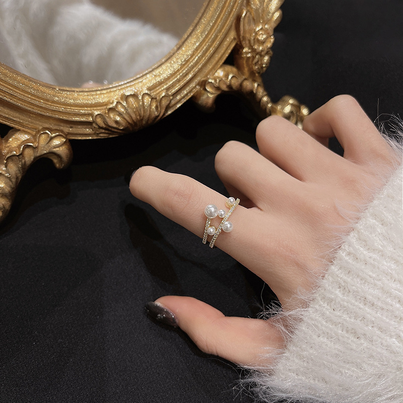 Japanese And Korean Simple Temperament Adjustable Ring Female Korean Light Luxury Pearl Open Ring Net Red Retro Personality Food Ring
