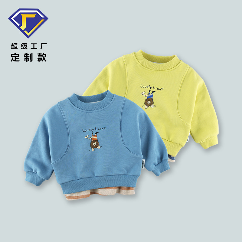 Customized children's clothing, boys' fleece sweatshirt, autumn and winter children's thickened one-piece fleece warm coat, semi-high neck fake two-piece top