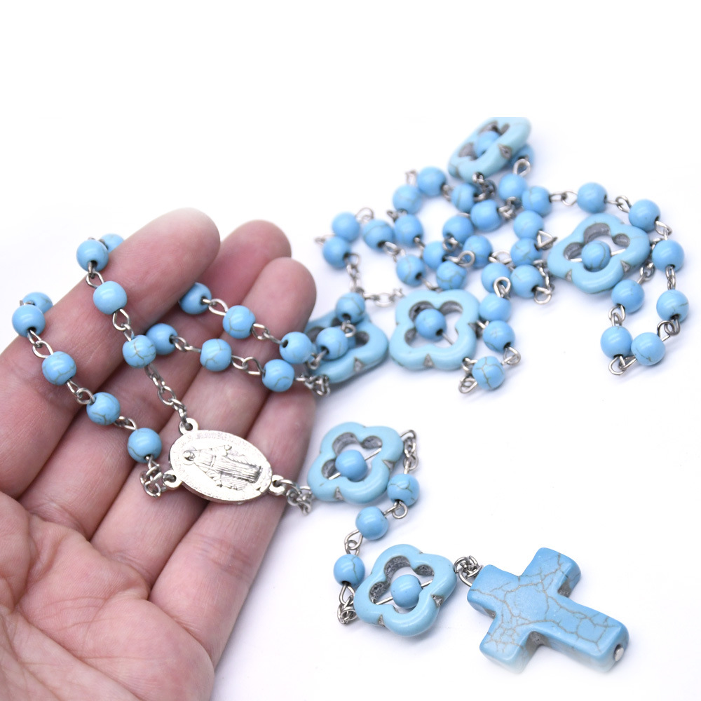 Cross-border e-commerce supply: blue turquoise prayer beads necklace, cross necklace, counting beads, sweater chain, men's and women's crosses Item Picture