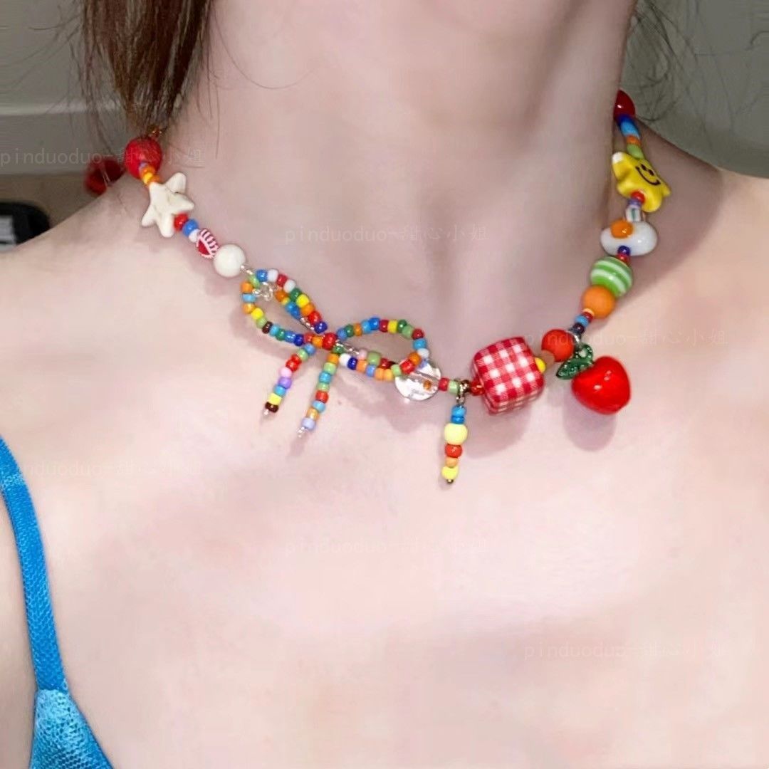 Fun and sweet girl, colorful Apple Paradise necklace, sweet and cool girl style, high appearance level, beaded collarbone chain new style