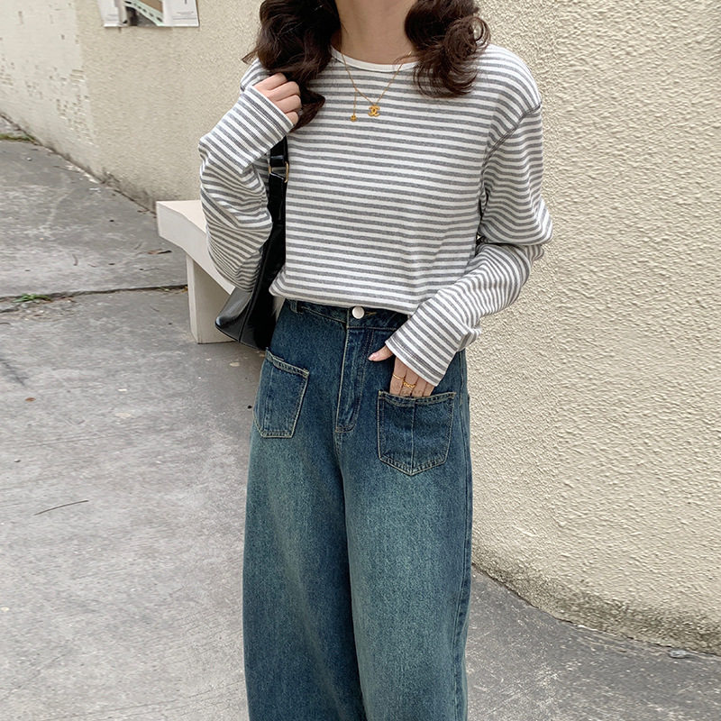2024日韩休闲经典百搭 基础款条纹上衣柔软亲肤慵懒风圆领套头T恤