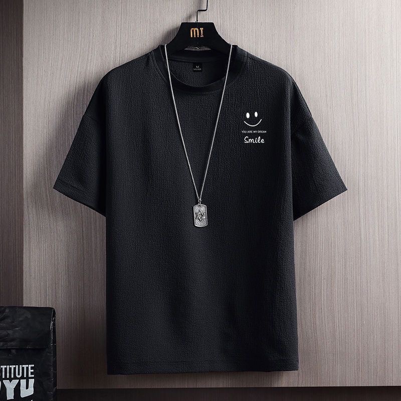 Yuantou manufacturer's new summer half-sleeved T-shirt, smiley linen short-sleeved T-shirt, men's summer solid color loose base layer Specification image