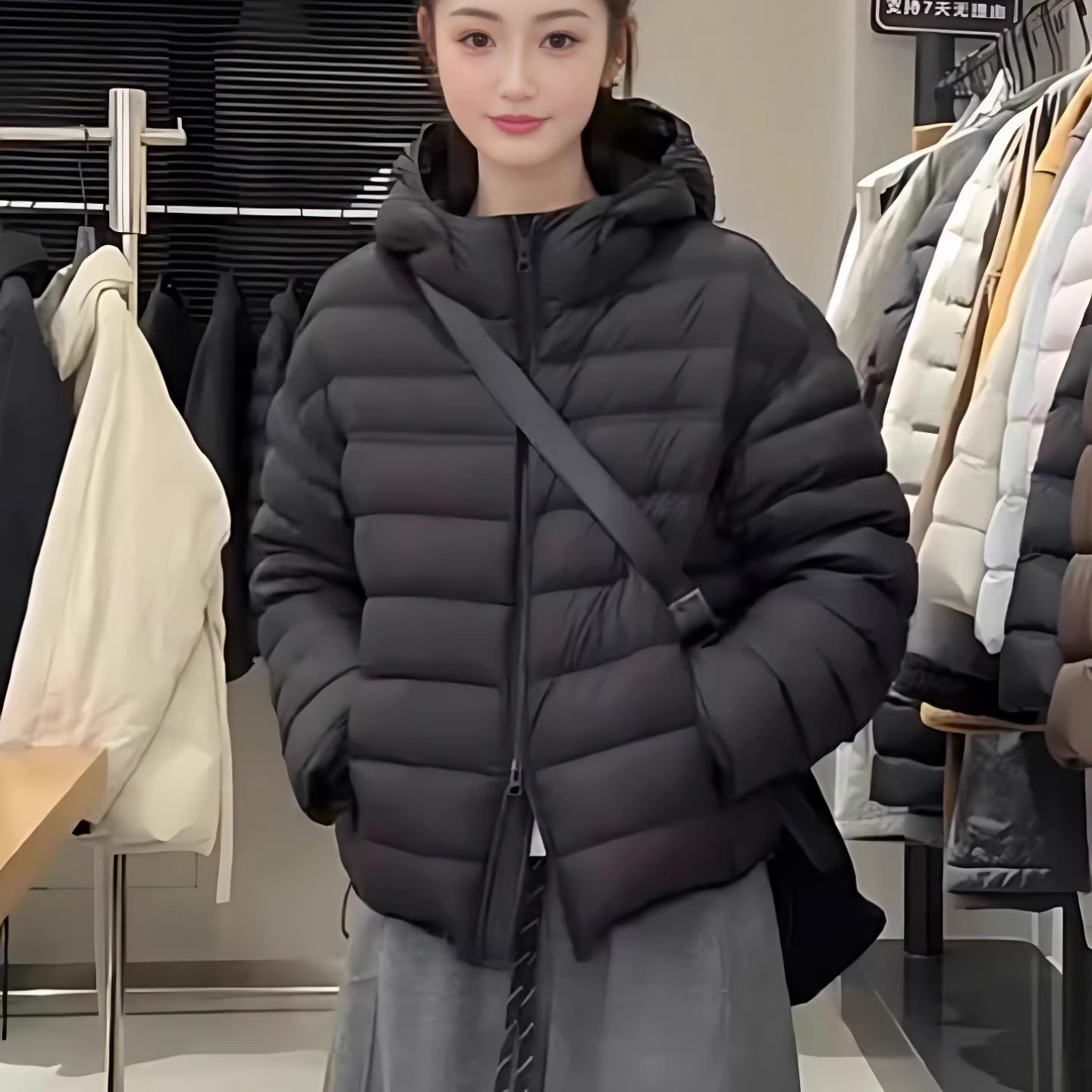 Hooded short down jacket with ribs for women, light and warm in winter, loose, fashionable and versatile white duck down casual coat pic 13