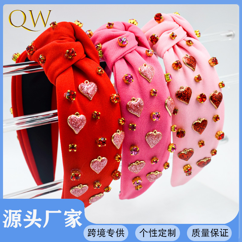 Qiwei Accessories' exclusive new fashionable cross-border Valentine's Day hair band from Europe and America, fabric, fashionable knot, diamond-encrusted, glitter, heart-shaped accessory for women