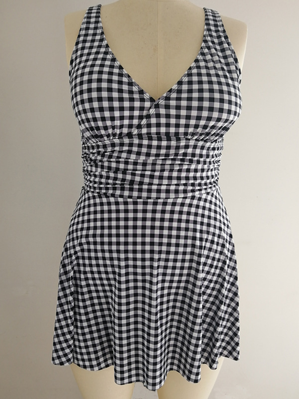 泳衣女工厂现货直销外贸欧美裙式连体泳装印花格子温泉女装   2021002